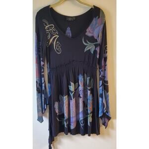 Christian Audigier Tunic Top Or Dress Black Jersey Trash Fashion Witchy Rocker L